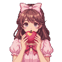Pixel Art: girl in a pale pink dress and a bow tie on her head biting i...