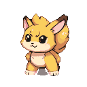 A small, fluffy golden creature with perked ears and a determined expression stands with paws bent, ready to move.