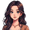 Young woman with dark brown hair and blue eyes, wearing a light blue top and tan jacket, with a gentle expression.