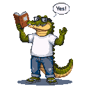A smiling alligator wearing a white t-shirt, blue jeans, and flip-flops holds a book over its head, looking at the text. It wears black-rimmed glasses, and a speech bubble above reads "Yes!".