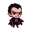 Stern vampire NPC with slicked-back dark hair, piercing red eyes, and a dark high-collared coat with a red cape.