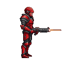 Red knight in detailed crimson armor holding a futuristic laser gun with an orange beam.