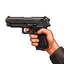A hand holds a metallic handgun, barrel pointed forward.