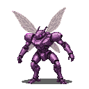 Metallic mech resembling an insect with translucent pixie wings, rendered in shimmering purple-pink pixels.