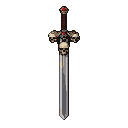 A menacing sword with a dark red hilt, a ruby-like gem, and a crossguard featuring three detailed skulls. The grey and silver blade shows signs of wear and rust.