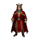 A regal elven king in a red and gold royal outfit, wearing a bejeweled crown, with a stoic expression.