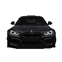 Black BMW M4 with illuminated headlights facing forward.
