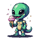 A small, green alien with large dark eyes and a toothy grin eats a pink ice cream cone. It wears segmented golden armor and has a long tail.