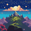 A winding stone path leads up a green mountain under a twilight sky with two moons, stars, golden clouds, and a setting sun. A red tree stands in the foreground.