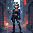 Young woman with vibrant blue hair, wearing a studded leather jacket, black tank top, ripped jeans, and combat boots, stands in a dimly lit, graffiti-covered alleyway with neon signs.