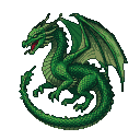A green dragon coils with wings unfurled, head turned left, mouth agape in a silent roar.