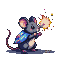 A grey mouse wearing a blue and pink patterned cape, projecting a ball of orange and yellow magic from its snout.
