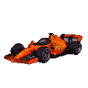 Vibrant orange Formula 1 car in side profile against a black background.