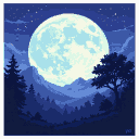 A luminous full moon hangs in a midnight blue sky above silhouetted evergreen trees and a gnarled tree in the foreground, with mist-shrouded mountains in the distance.
