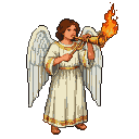 Angel with feathered wings and white robe blowing a golden trumpet, from which fire erupts.