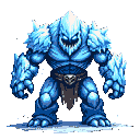 A hulking ice elemental with jagged ice shards for a body, sharp ice spikes on its shoulders and arms, and a terrifying grimace with glowing teeth.