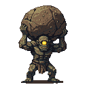 Hulking cyclops with a cracked boulder on its shoulders, glowing yellow eye, against a black background.