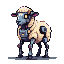 A cyborg sheep with fluffy wool, metallic limbs, glowing yellow eyes, and a head blending organic and mechanical features.