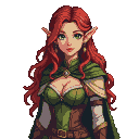 Fiery red-haired elven woman with piercing green eyes, wearing a green tunic, brown belt, and green cloak with a jeweled clasp.