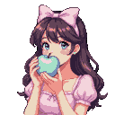 Pixel Art: girl in a pale pink dress and a bow tie on her head biting i...