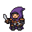 A cloaked figure with a purple hood holds a glinting dagger. The character wears layered armor with brown leather accents and dark grey greaves.
