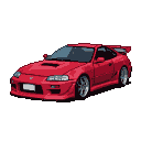 Vibrant red Nissan Skyline GT-R in three-quarter front view, featuring an aggressive bumper, hood scoop, rear spoiler, and silver rims, against a black background.