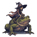 Young witch with pointed hat and flowing cloak rides a colossal emerald-green frog.