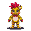 Chica the Chicken, a yellow character with a red mohawk and bowtie, stands upright with clenched hands.