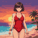 Anime woman in a red swimsuit on a beach at sunset, with an ocean, sand, and silhouetted palm tree.