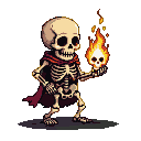 Skeletal figure with a crimson scarf and tattered cape cradles a skull burning with vibrant flames against a black background.