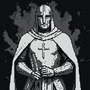 Solemn king-templar in medieval armor, face hidden by a metallic mask, holds a longsword vertically. Templar cross on chest. Dark, textured background.