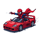 Spider-Man in his red and blue suit with a red cape is posed dynamically on a red Ferrari.