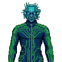 A figure in a dark blue suit with glowing green circuit patterns, their head a complex construct with an illuminated screen and blue components.