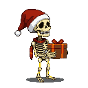 A skeleton wearing a Santa hat and scarf holds out a gift box with an orange ribbon.