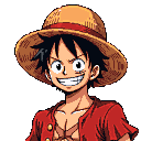 Monkey D. Luffy in a close-up portrait, wearing his straw hat and red shirt, with a wide grin and scar under his left eye.