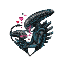 Two Xenomorphs intertwined in a heart shape, with small pink hearts floating between them against a black background.