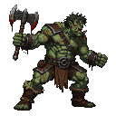 A green-skinned ogre berserker with tattered leather armor, holding a massive double-headed axe dripping with blood, and snarling with sharp tusks.