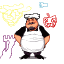 Portly Italian chef with hands on hips, standing against a background of pixelated abstract shapes, a red grinning apple, and a purple castle.