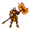Skeletal warrior in golden armor wielding a flaming colossal battle axe.