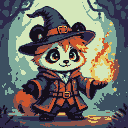 Panda wizard with orange hair and a glowing fire spell in its paw, wearing a dark robe.