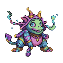 A whimsical reptilian creature with purple and teal scales and golden accents, wearing a pink hood with golden horns, holding a wand with turquoise energy trails.