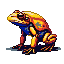 A pixelated mech frog in fiery oranges, deep blues, and bright yellows, shown in side view, crouched low.