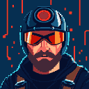 A determined person with a rugged beard and intense gaze, wearing a dark helmet with a glowing red visor and matching orange-tinted goggles.