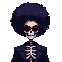 A tall, skeletal figure with a large afro and heart-shaped glasses, cloaked in darkness.