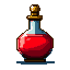Crimson potion in a glass flask with a gold stopper, glowing with inner luminescence and pixelated highlights.