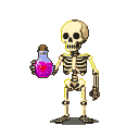 A skeleton holds a glowing pink vial containing a pulsing red heart against a black background.
