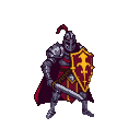 Knight in segmented plate armor with a crimson cape, holding a broadsword and a shield with a golden emblem on a burgundy background.