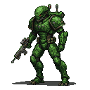 A green-camouflaged alien marine in armor with glowing red eyes holds a rifle.
