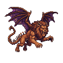 A manticore with a lion's body and dragon wings crouches, snarling with sharp teeth bared, its deep purple wings spread wide, and its segmented tail trailing.