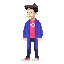 Young man in a pink t-shirt with a white emblem and a royal blue jacket, dark hair, dark trousers, and white sneakers with pink accents.